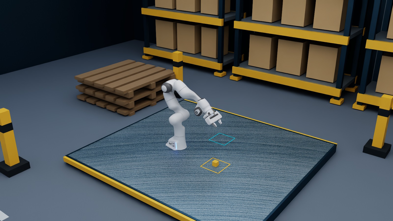 Franka Panda arm on a metal work platform, with amber safety markings and warehouse storage racks behind it