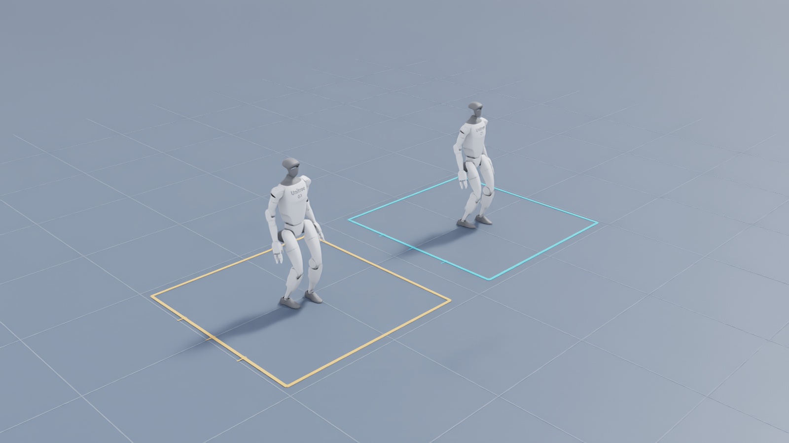 Two Unitree G1 humanoids in a simulation arena, with amber and cyan floor markings for the controller comparison